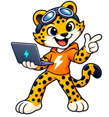 Flitzi, das Flinkeseiten-Maskottchen, mit Laptop